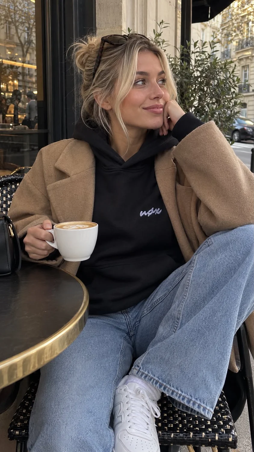 Czarna bluza na modelce w kawiarni