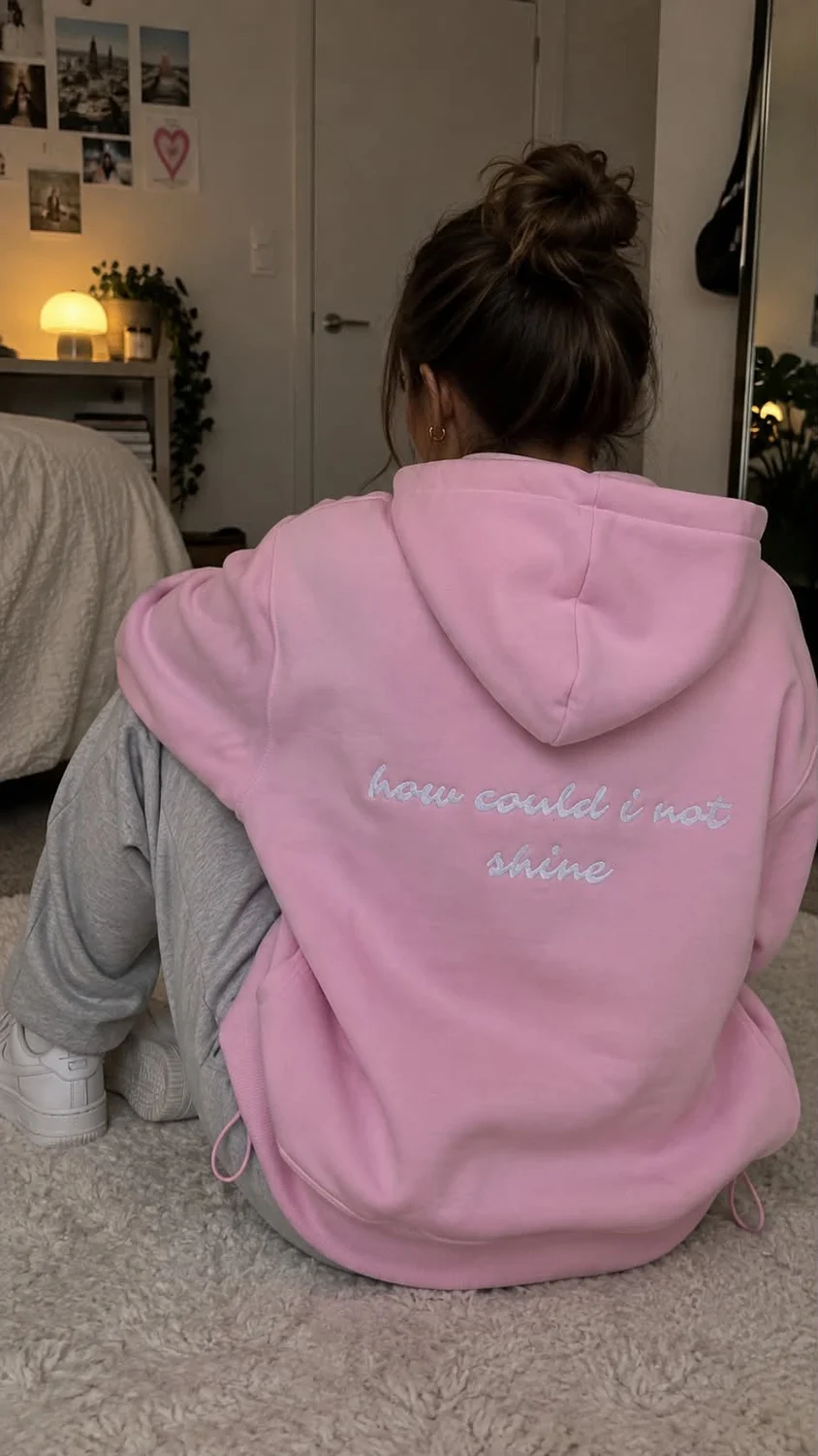 Napis na plecach różowej bluzy na modelce