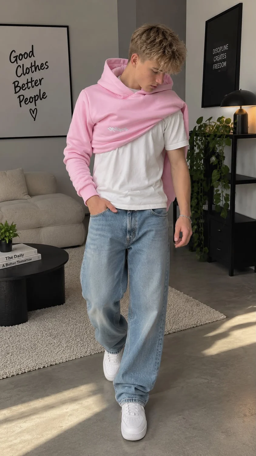Różowa bluza w stylizacji z białym T-shirtem