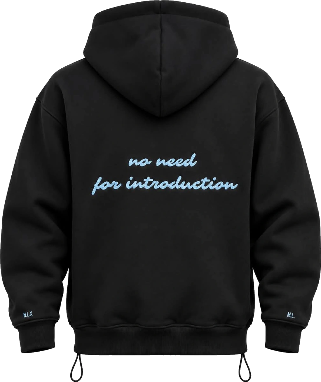 Czarna bluza nox, tył z napisem no need for introduction